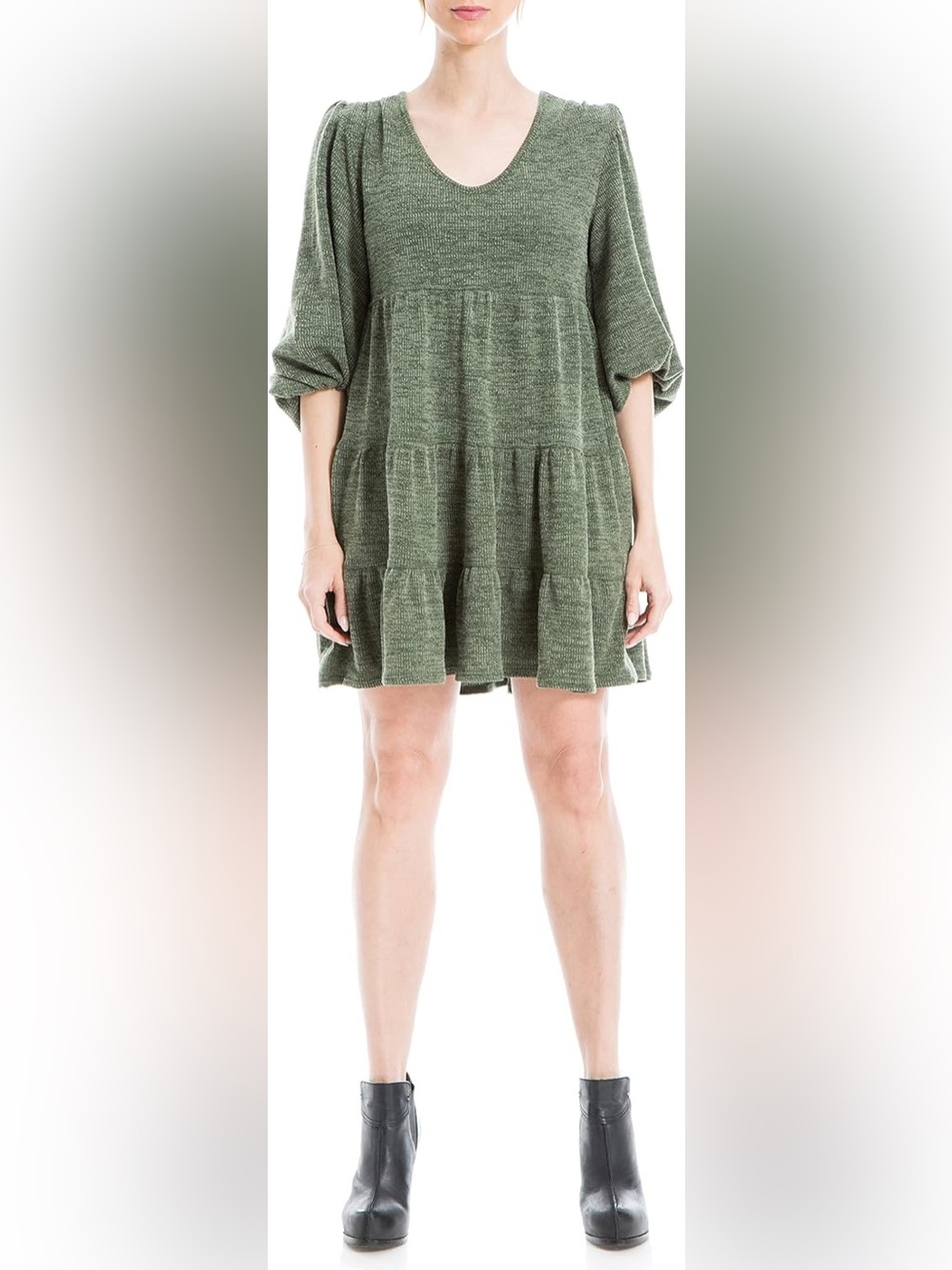 Max Studio Rib Knit Tiered Sweater Dress in Olive Green